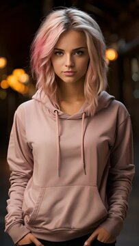 4K video clip aspect ratio 9:16.Mock Up Design of a beautiful female model wearing a cream hoodie. Suitable for designing patterns on clothing, logos, stickers or other advertisements.