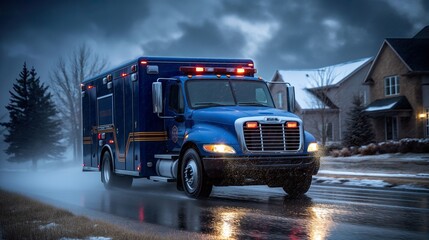 Blue ambulance with flashing lights in action on a rainy city road, splashing through puddles, emergency healthcare service