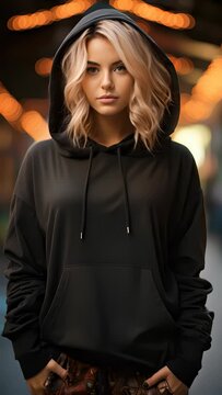 4K video clip aspect ratio 9:16.Mock Up Design of a beautiful female model wearing a  black hoodie. Suitable for designing patterns on clothing, logos, stickers or other advertisements.