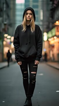 9:16 Mock Up Design of a beautiful female model wearing a  black hoodie. Suitable for designing patterns on clothing, logos, stickers or other advertisements.