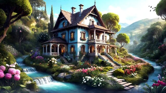 Beautiful house in the garden with a waterfall illustration