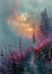 Mystic Forest Trail at Twilight: Dreamlike Path with Glowing Sunset and Floral Haze

