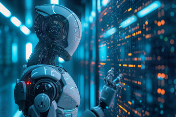 Abstract Technology Image: AI Robot Installing Binary Data from Dynamic Array Node Stream