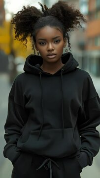 4K video clip aspect ratio 9:16.Mock Up Design of a beautiful female model wearing a  black hoodie. Suitable for designing patterns on clothing, logos, stickers or other advertisements.