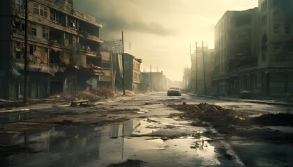 Post apocalyptic city background. Destroyed buildings, cracked road - obrazy, fototapety, plakaty