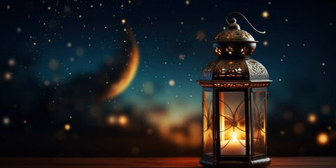 Decorative Arabic Lantern with Burning Candles at Night, background of crescent moon and clouds, sky full of stars, empty space for text - generative ai - obrazy, fototapety, plakaty