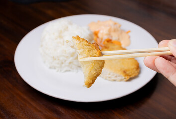 Rice with chicken katsu in white plate on wooden table. After some edits.