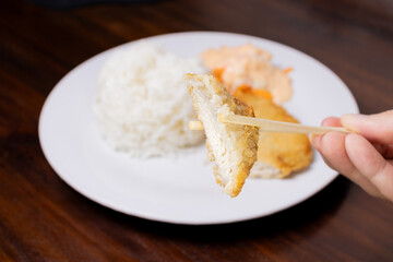 Rice with chicken katsu in white plate on wooden table. After some edits.