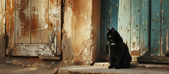 A black cat calmly sits in front of an aged wooden door.