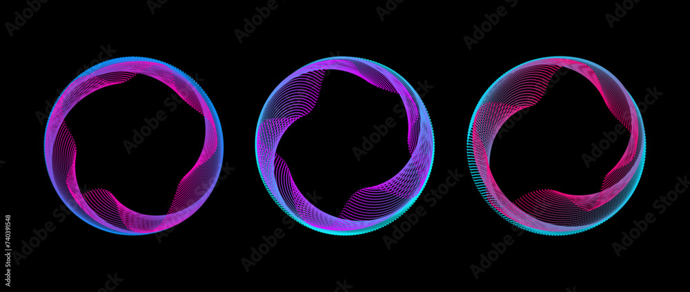 Poster Neon iridescent gradient dotted circle set. Colorful glowing round tech frame collection. Curved wave dot line circles on black background. Bright circular border pack. Design element bundle