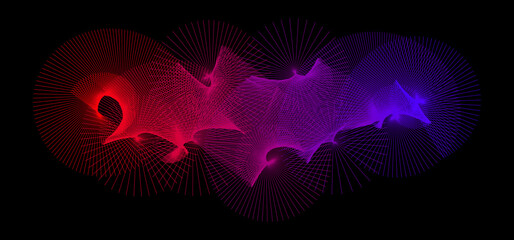 Neon radiating spiral shape pattern. Abstract spreading rotating lines. Red purple blue spinning circle on black background. Futuristic cloud concept. Digital aurora or moire effect. Vector backdrop