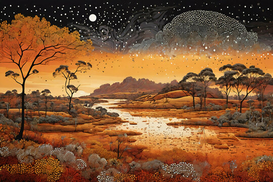 illustration based on aboriginal style of dot painting depicting landscape after settlement
