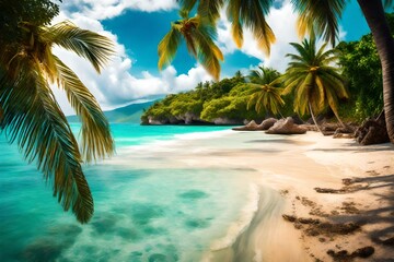 Fototapeta na wymiar Beautiful beach with palms and turquoise sea in Jamaica island.