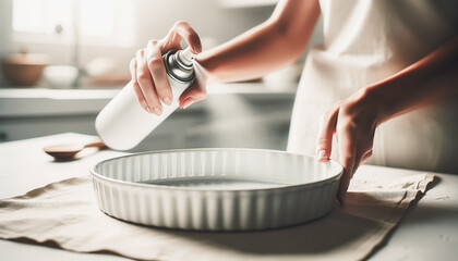 Woman's hands using an oil spray directly onto an empty white ceramic baking pan.