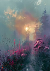 Fototapeta na wymiar Fantasy Forest at Dawn: Sunlight Filtering through Mist and Blooms