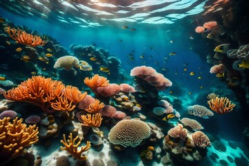 Fototapeta na wymiar Underwater view of tropical coral reef with fishes and corals. Beautiful marine life, abstract natural background, gorgeous coral garden underwater, tropical. beauty of wild nature