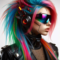 A young woman in a futuristic cyberpunk style outfit poses for the camera. The background is white. This image shows the concept of alternative fashion, subculture, and technology.