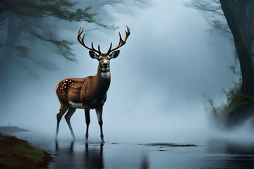 Deer nature wildlife animal walking proud out of the mist.