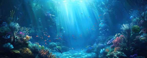 Fototapeta na wymiar Coral reef Underwater scene with rays of light