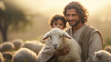 St. Joseph with boy Jesus Christ herding sheep: portrayal of a biblical drama, illustrating sacred bond between saint Joseph and young Jesus as they tend to the flock. - obrazy, fototapety, plakaty