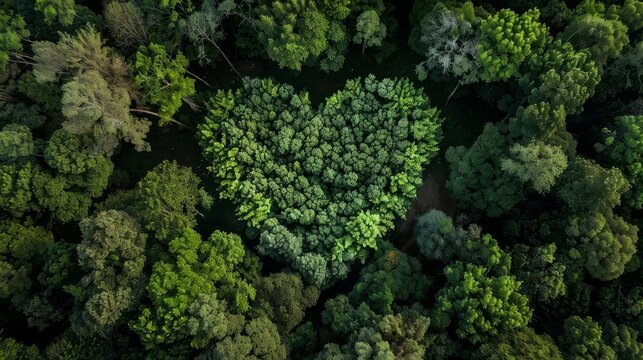 Aerial view of a dense, heart-shaped forest canopy, symbolizing love for the environment and natural beauty.