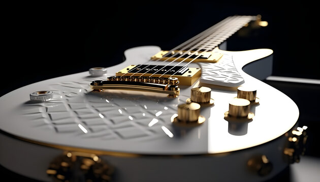 a modern electronic guitar design made out of pure white ceramic and golden metal
