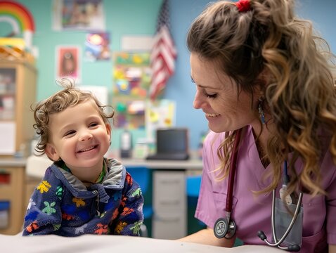Cheerful Doctor Talking to a Child at a Desk