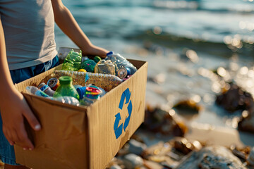 hands holding a recycling box filled with various recyclable items on beach ..Environment Day concept. Generative AI
