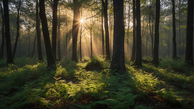 Beauty of a woodland at sunrise with soft sunlight filtering through the trees and casting magical shadows on the forest floor