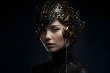 Fototapeta na wymiar a woman dressed in black with fake hair, cyber sci-fi style, dark and ornate gothic, gold metal jewelry