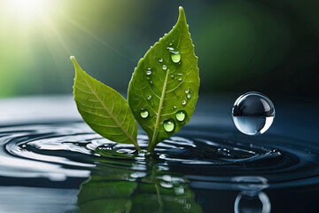Explore sustainable environment concept: green leaf with water drop, carbon footprint, and carbon...