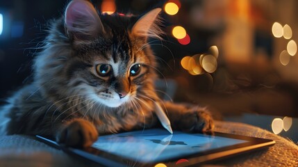 Stylish Cat Using iPad in Festive Atmosphere