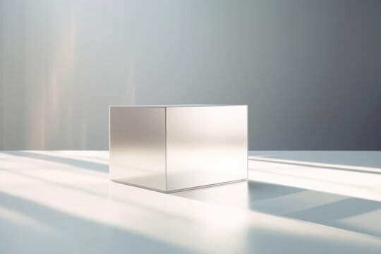 Pristine cube rendered in 3D, perfectly placed on a sleek table surface with soft shadows