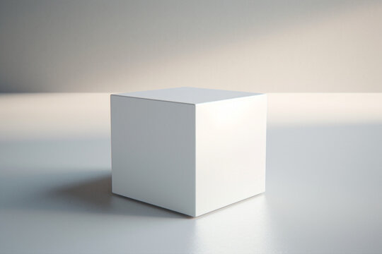 Pristine cube rendered in 3D, perfectly placed on a sleek table surface with soft shadows
