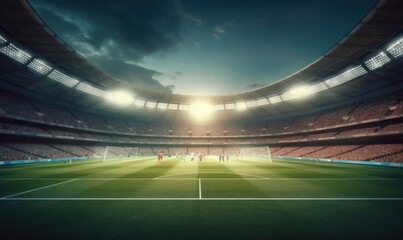 Football stadium spot view and cheering fans on background. Digital 3D illustration for sport...
