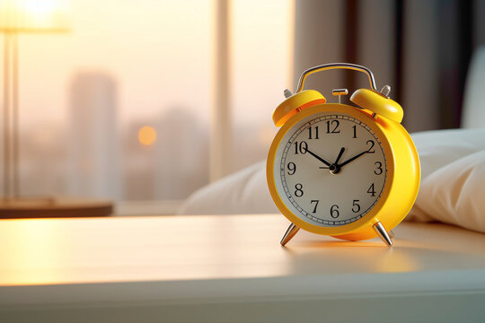Realistic 3D mockup of a sleek and modern single alarm clock on a bedside table, casting a soft ambient glow