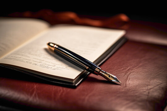 A close-up of a premium fountain pen resting on a leather-bound notebook, evoking a sense of sophistication and creativity.