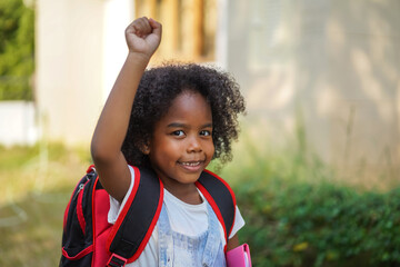 Back-to-school season with african american kid girl on the move with book and colorful school...