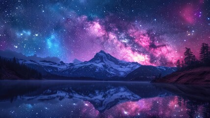 galactic peaks lakeside wonder - obrazy, fototapety, plakaty