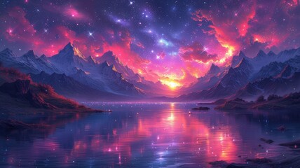 cosmic glow on mountain lake - obrazy, fototapety, plakaty