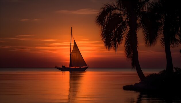 Tranquil Sunset, Palm Tree Silhouette and Sailboat on Calm Waters