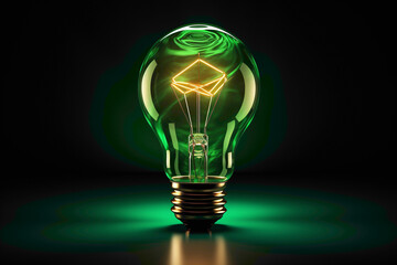 A 3D creative bulb, radiating brilliance in the midst of darkness, its vibrant glow contrasting beautifully with the deep green background.