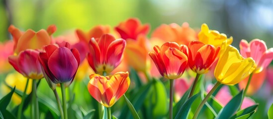 Fototapeta premium Vibrant and colorful tulips wallpapers to brighten up your day. Beautiful spring flowers in bloom