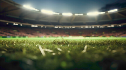 A close-up shot of a 3D-rendered cricket pitch, with a focus on the well-textured wickets standing tall under the vibrant stadium lights.  - obrazy, fototapety, plakaty