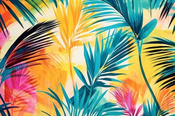 Palm leaves floral watercolour vivid abstract background in a modern style. Botanical design, bright colours. Generative AI 