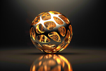 Abstract 3D sphere logo with intricate patterns and reflections, floating against a backdrop of subtle gradients