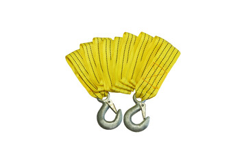Close-up of yellow nylon cable with white steel hook used for lifting heavy objects or towing,...