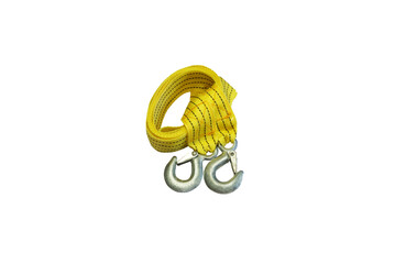 Close-up of yellow nylon cable with white steel hook used for lifting heavy objects or towing, isolated on transparent background png file.