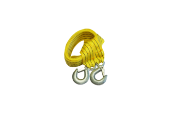 Close-up of yellow nylon cable with white steel hook used for lifting heavy objects or towing, isolated on transparent background png file.