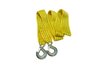 Isolated image of yellow nylon towing or weight-bearing strap with white steel hook on transparent...